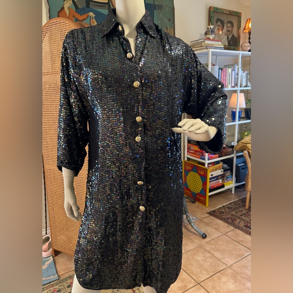 Vtg Jewel Queen black sequin gold button long jacket coat sz MEDIUM GLAM